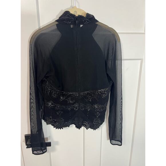 Vintage 90s Tadashi Shoji Mesh Sheer Embellished Mock Neck Top Basque Waist Goth - Picture 5 of 10